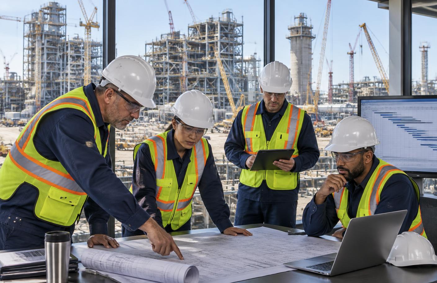 Profissionais de engenharia acompanhando o planejamento e a gestão de obras industriais