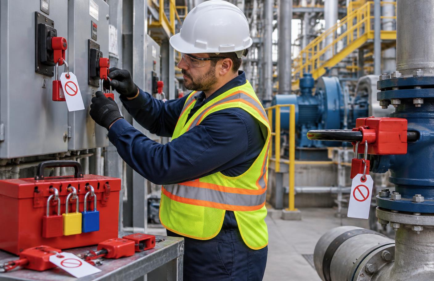 Engenheiro aplicando bloqueio de energias perigosas LOTO com caixas de bloqueio e cadeados