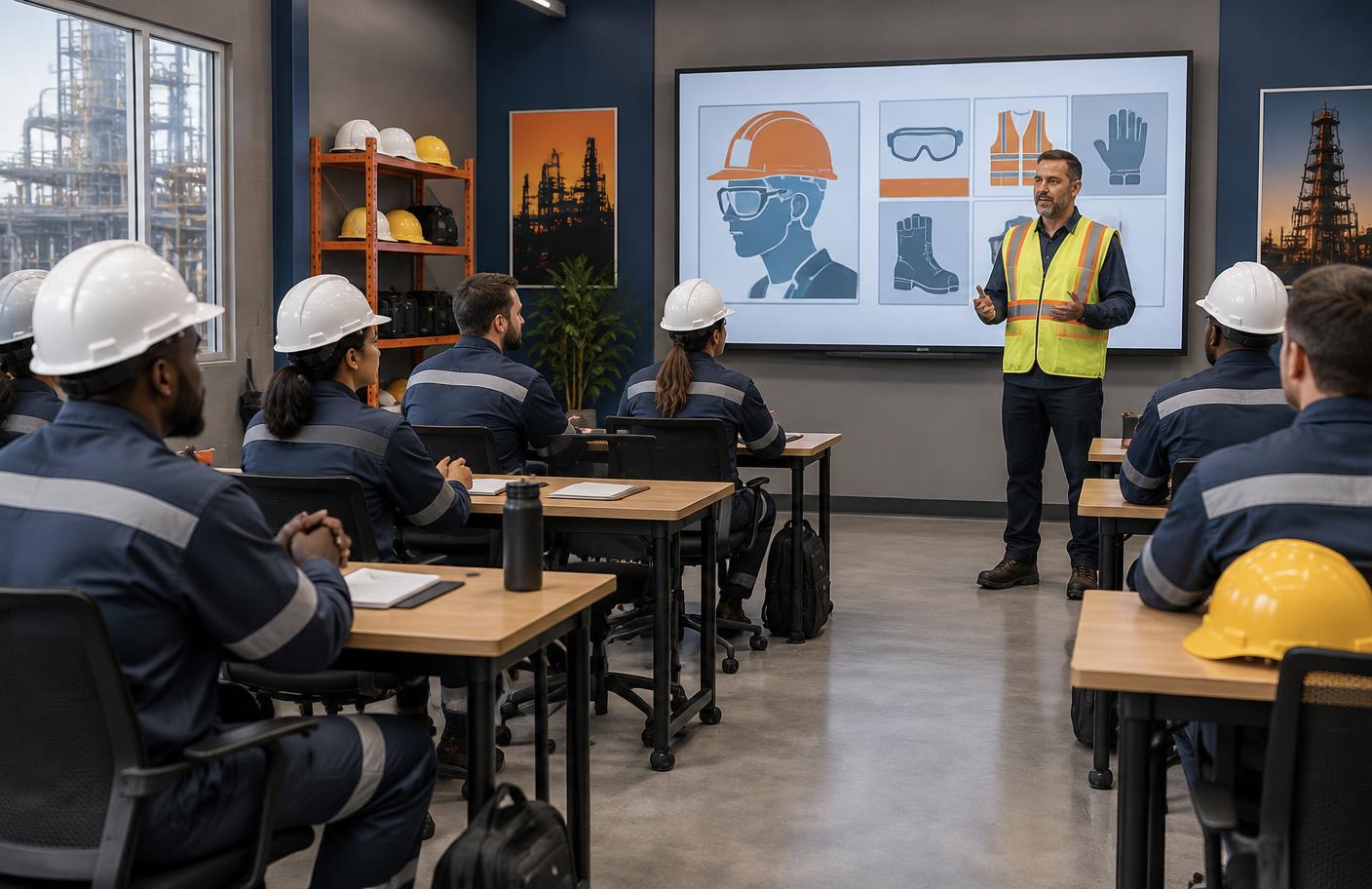 Instrutor e trabalhadores uniformizados em sala de aula para capacitação técnica industrial